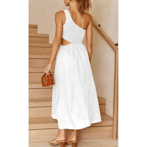 One Shoulder Smocked Cutout Waist Sundress Flowy A-Line Dress White Women Size S - Picture 5 of 17